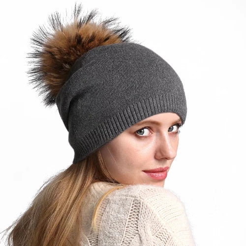 Women's Warm Wool Cashmere Pompom Beanie Hat with Real Fur
